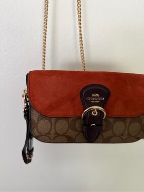 Coach Signature Suede Flap Crossbody in Brown & Rust